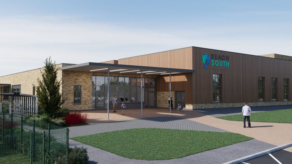 Vision of new school showing main entrance, with paths, grassy areas, fences, shrubs, and a tree