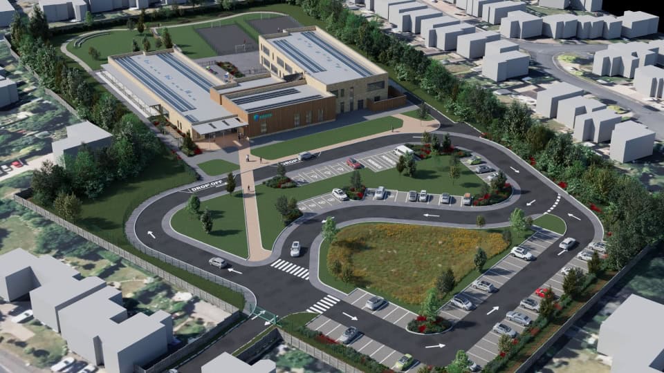 Vision of new school from above showing school buildings and accessible car park