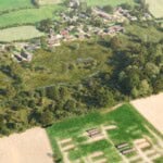 Birds-eye render of Honiton Habitat Bank with habitats restored, including new ponds, grassland, orchards, scrub, hedgerow, woodland, streams, and ditches
