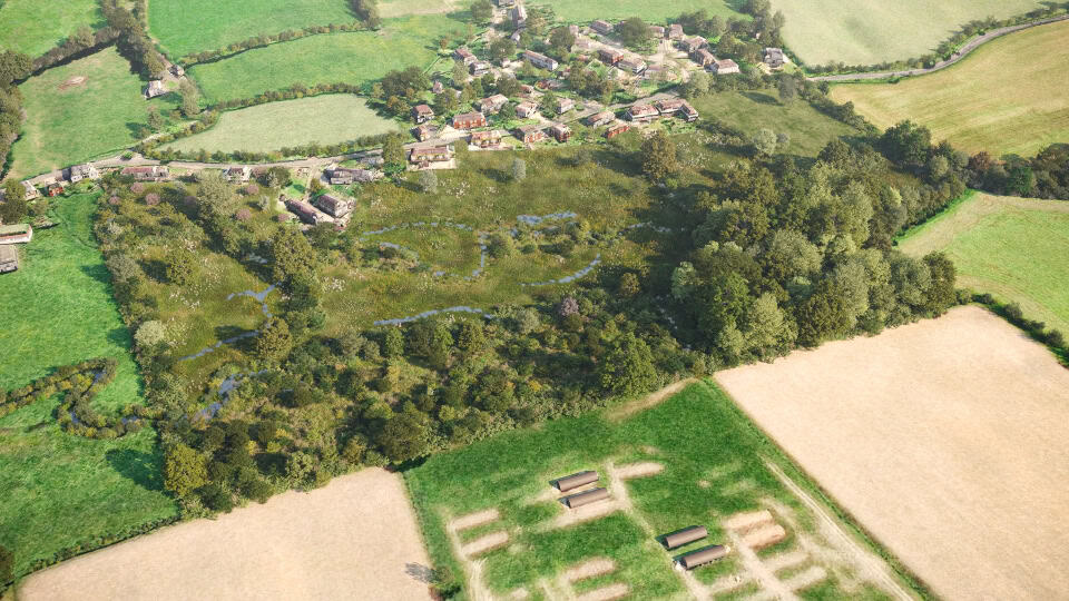 Birds-eye render of Honiton Habitat Bank with habitats restored, including new ponds, grassland, orchards, scrub, hedgerow, woodland, streams, and ditches