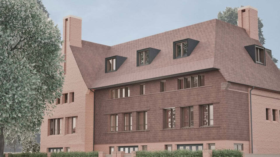Vision of new housing complex as seen from the street, with trees and hedges surrounding