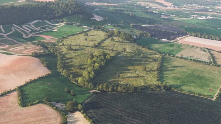 Birds-eye render of Coney Weston Habitat Bank with habitats restored, including new meadows, rivers, streams, hedgerows, rural trees, scrub, and broadleaved woodland