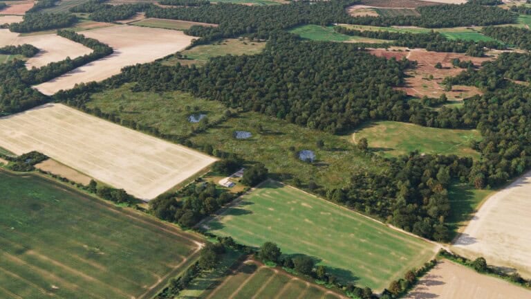 Birds-eye render of Coney Weston Habitat Bank with habitats restored, including new meadows, scrub, ponds, hedgerows, trees, and grassland.