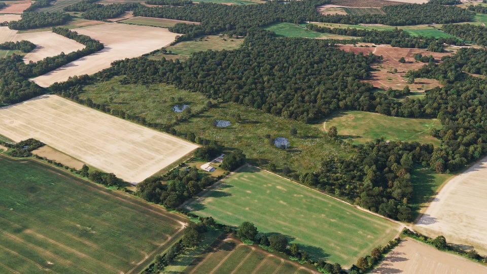 Birds-eye render of Coney Weston Habitat Bank with habitats restored, including new meadows, scrub, ponds, hedgerows, trees, and grassland.