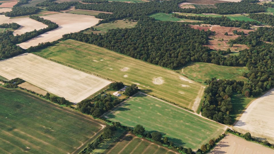 Birds-eye render of Coney Weston Habitat Bank before restoration