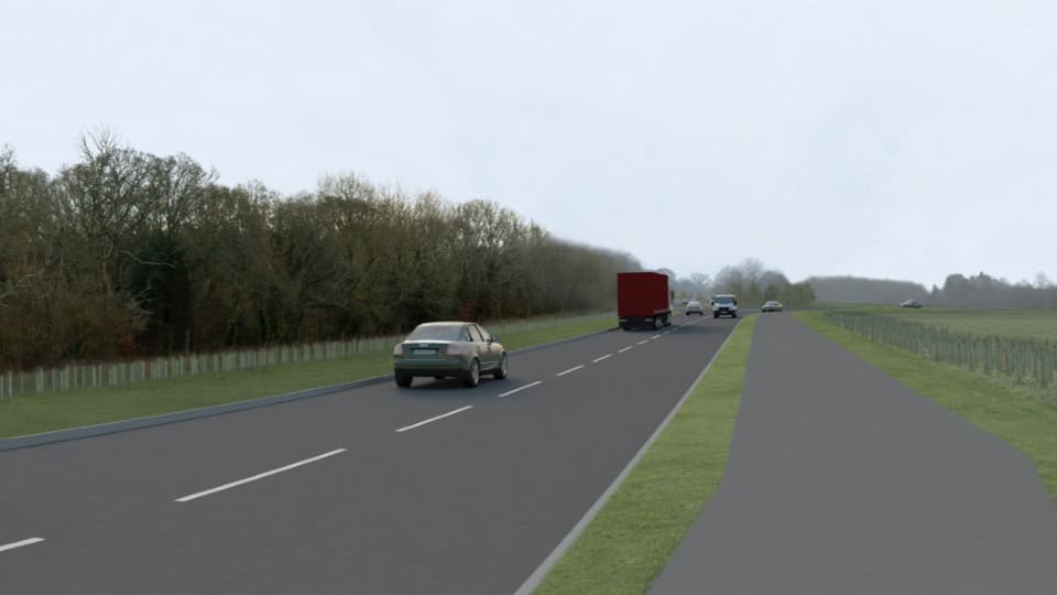 Render of A34 post-development showing vehicles driving along a road with trees and a large path either side of the road.
