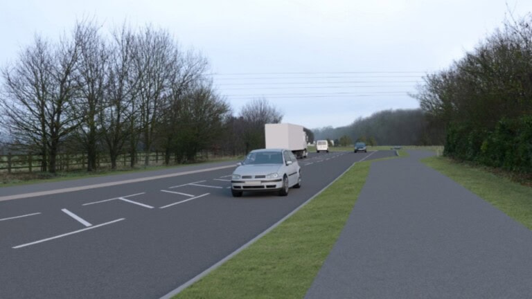 Render of A34 post-development showing vehicles driving along a road with trees and a large path either side of the road.