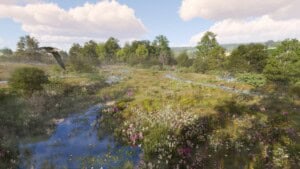 Eye-level render of Honiton Habitat Bank with habitats restored, including new ponds, wildflower grassland, orchards, scrub, hedgerow, woodland, streams, and ditches - as a heron flies over one of the ponds and beavers roam the wetlands.