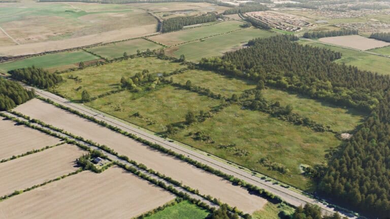 Birds-eye render of Cramlington Habitat Bank with habitats restored, including fens, wet woodland, ponds, scrub, grassland, and broadleaved woodland