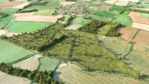 Birds-eye render of Greatworth Habitat Bank with habitats restored, including new lowland meadows, mixed scrub, modified grassland, neutral grassland, broadleaved, ponds, rural tree, and hedgerow