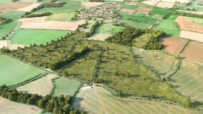 Birds-eye render of Greatworth Habitat Bank with habitats restored, including new lowland meadows, mixed scrub, modified grassland, neutral grassland, broadleaved, ponds, rural tree, and hedgerow