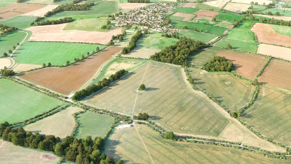 Birds-eye render of Greatworth Habitat Bank before restoration