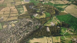 Birds-eye render of Chester Habitat Bank with habitats restored, including meadows, reedbeds, wet woodland, orchard, ponds, ditches, mixed scrub, willow scrub, neutral grassland, broadleaved woodland, floodplain wetland mosaic and coastal floodplain grazing marsh