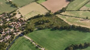Birds-eye render of Highworth Habitat Bank with habitats restored, including lowland meadows, ponds, and rural trees