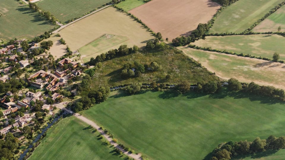 Birds-eye render of Highworth Habitat Bank with habitats restored, including lowland meadows, ponds, and rural trees
