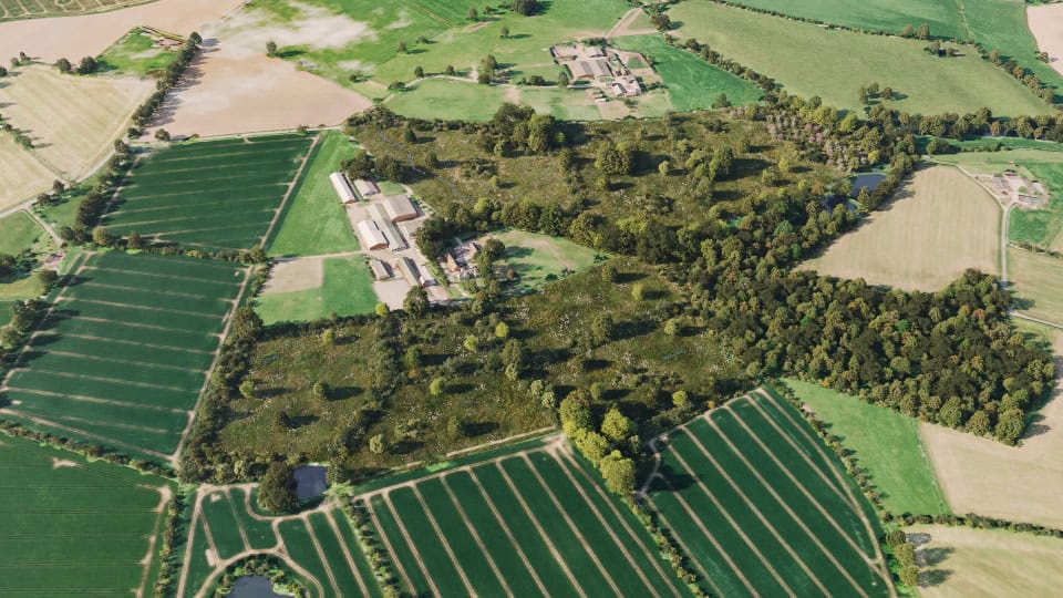 Birds-eye render of Eccleshall Habitat Bank with habitats restored, including meadows, deciduous woodland, rivers, streams, ponds, species-rich hedgerow, orchards, wet woodland, bramble scrub, mixed scrub, neutral grassland, broadleaved woodland, and rural trees