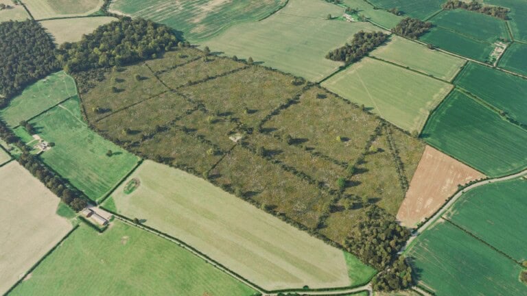 Birds-eye render of Corby Habitat Bank with habitats restored, including meadows, hedgerow, ponds, ditches, scrub, grassland, broadleaved woodland, and rural trees