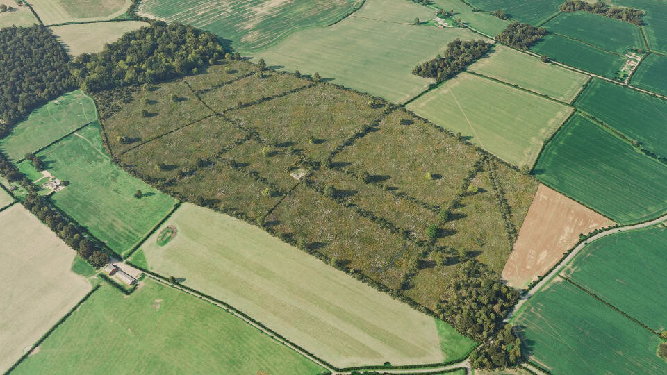 Birds-eye render of Corby Habitat Bank with habitats restored, including meadows, hedgerow, ponds, ditches, scrub, grassland, broadleaved woodland, and rural trees