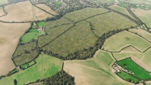 Birds-eye render of Wheathampstead Habitat Bank with habitats restored, including meadows, species-rich native hedgerow, neutral grassland, and broadleaved woodland