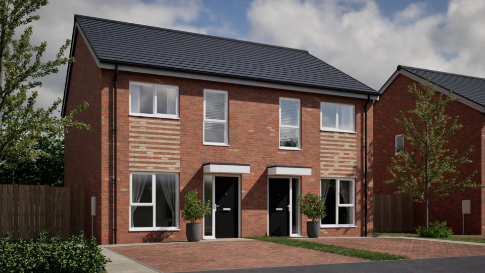 Render of Durham County Council's new housing development - a two bedroom, four person house with driveway and trees on either side