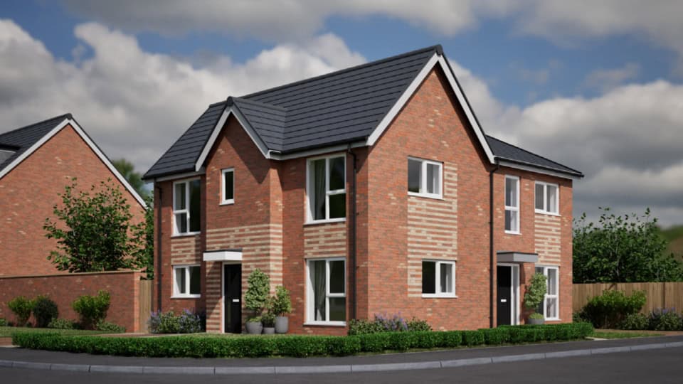 Render of Durham County Council's new housing development - a two bedroom, four person corner house surrounded by short hedges and trees