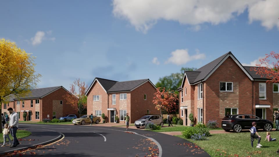 Render showing street view of Durham County Council's new housing development with families walking and children playing on green spaces