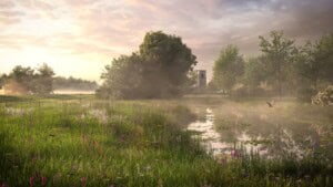 Eye-level render of Newton Harcourt Habitat Bank showing new ponds and meadows and a church in the background