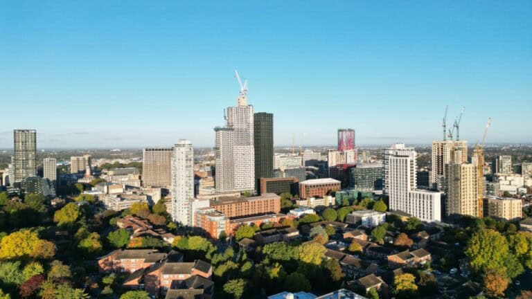 A wide shot of the Croydon skyline.
