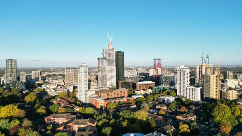 A wide shot of the Croydon skyline.