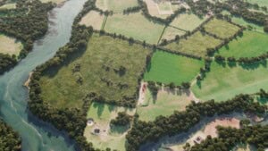 Birds-eye render of Botley Habitat Bank with habitats restored, including lowland meadows, ponds, species-rich native hedgerow with trees, ditches, mixed scrub, grassland, broadleaved woodland, and rural trees
