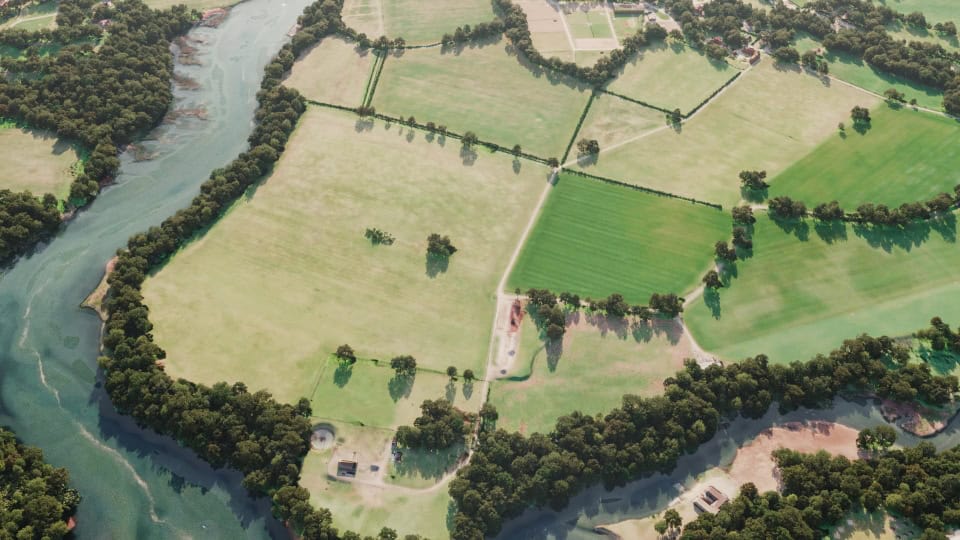 Birds-eye render of Botley Habitat Bank before restoration