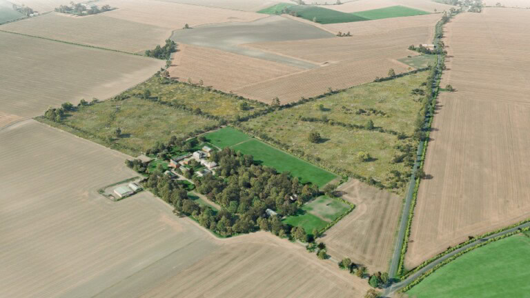Birds-eye render of Tiptree Habitat Bank with habitats restored, including lowland calcareous grassland, rivers and streams, native hedgerow with trees, traditional orchards, ditches, and scrub