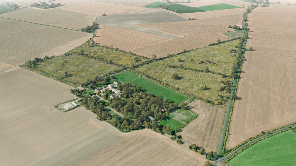 Birds-eye render of Tiptree Habitat Bank with habitats restored, including lowland calcareous grassland, rivers and streams, native hedgerow with trees, traditional orchards, ditches, and scrub