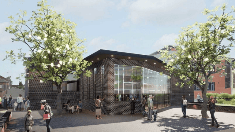 A render of a building, surrounded by trees and people.