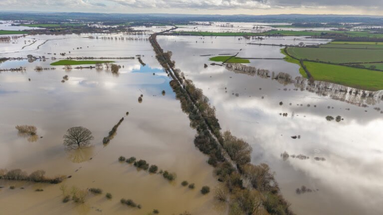 An aerial image of flooded fields